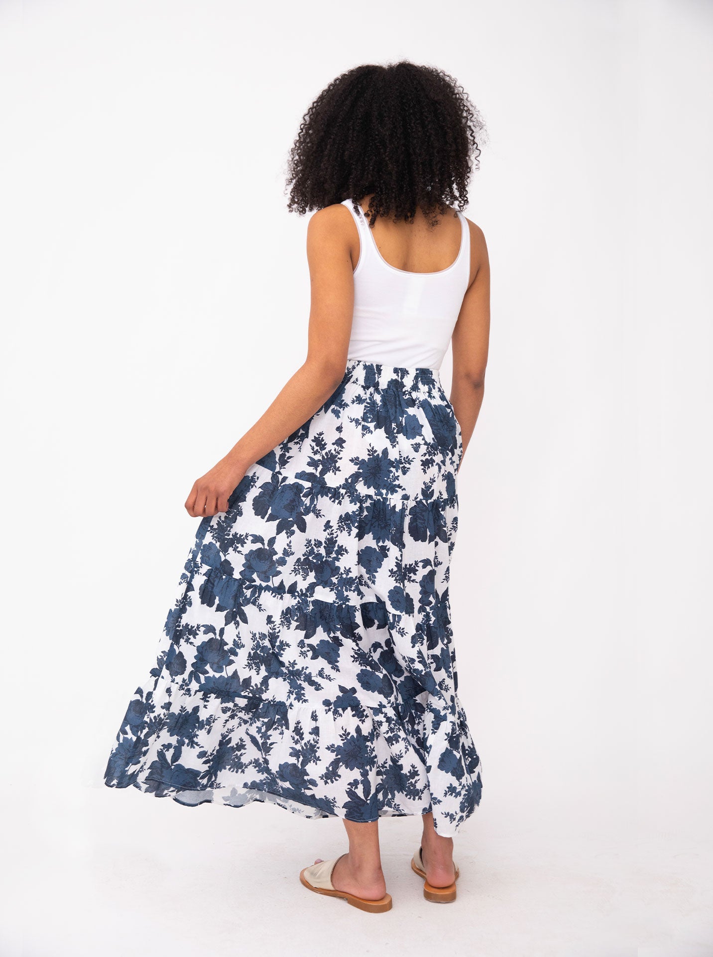 White skirt shop with blue flowers