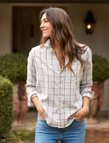 Eileen Button-Up in Heather Gray with Orange Windowpane