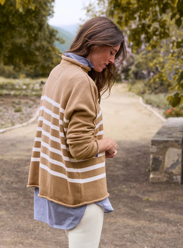 Monterey Rolled Funnel Neck Sweater in Camel with Cream Stripe