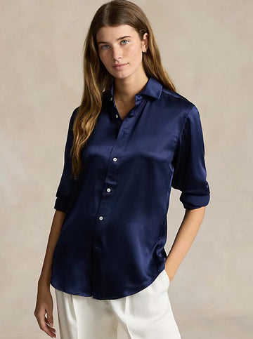 Slim Fit Silk Shirt in Navy